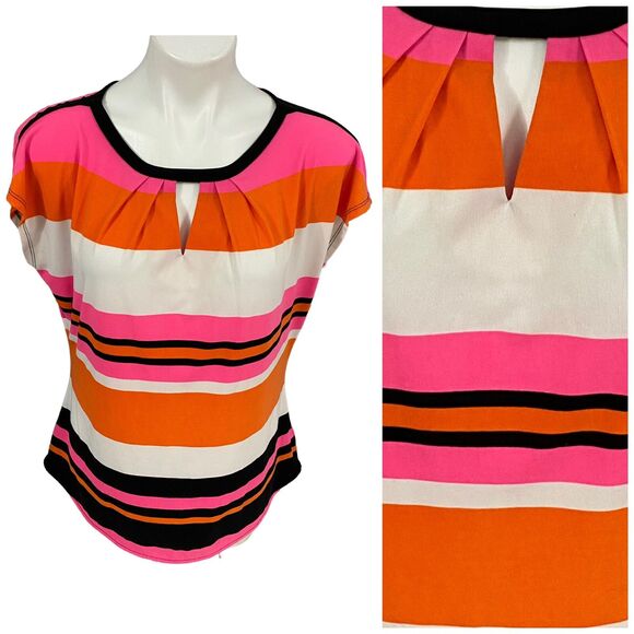 Worthington Top Womens Large Shirt Stripe Orange Pink Work Office Career Coastal - Picture 1 of 14